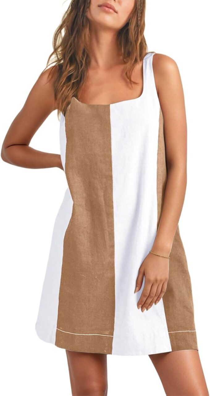 CHARTOU Women Summer Sleeveless Linen Dress Color Block Short Beach Vacation Tank Dress