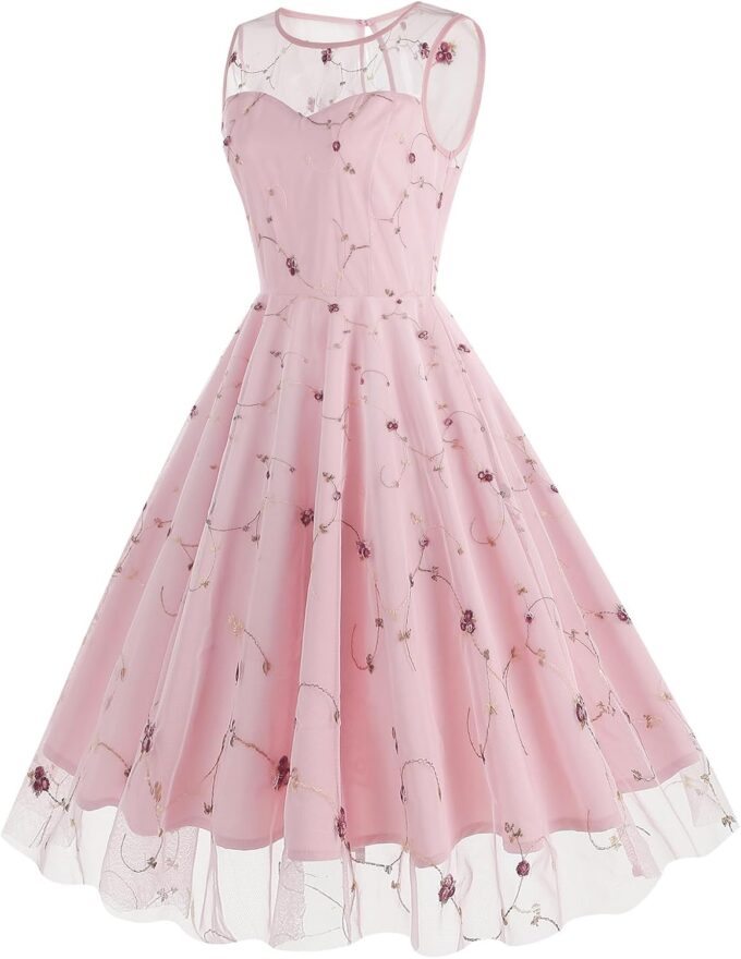 1950s Dresses for Women Vintage Floral Embroidery Mesh Dress Sleeveless Round Neck Swing Dress – Bild 3