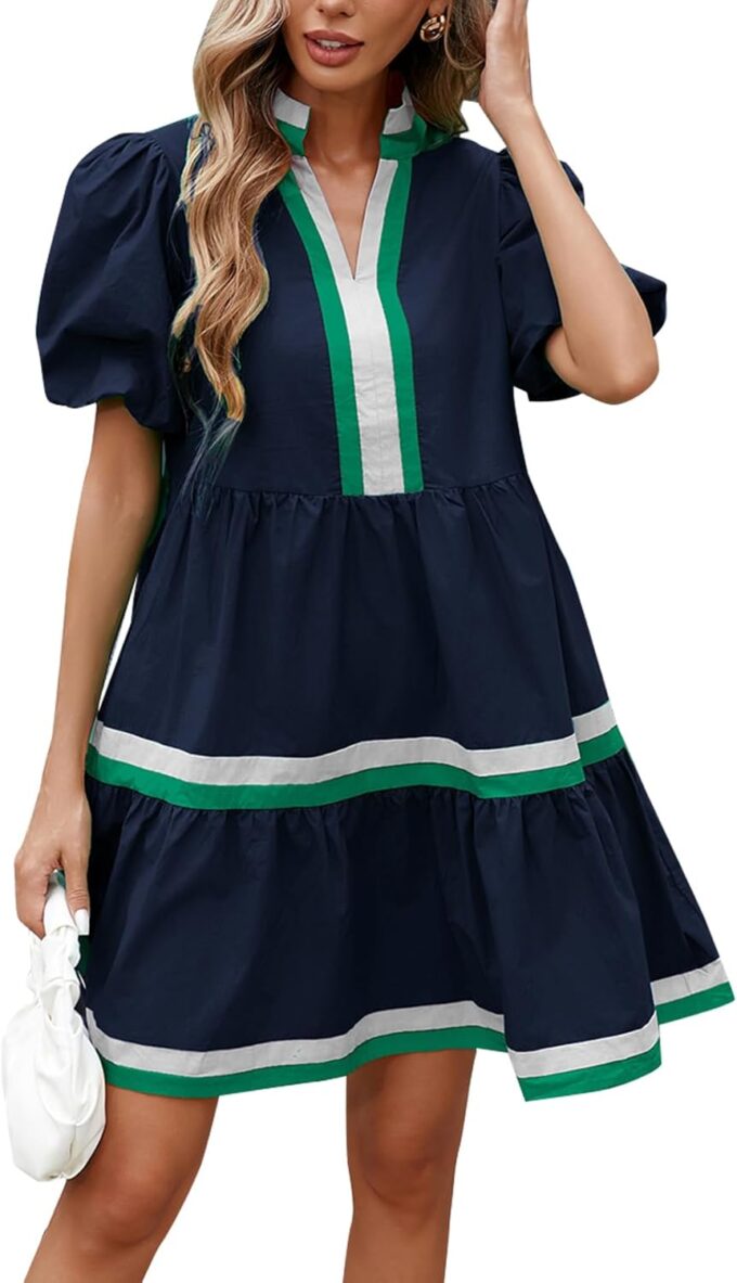 LifeShe Womens Puff Sleeve Babydoll Dress V Neck Navy Blue Striped Color Block Tiered Mini Dresses – Bild 5
