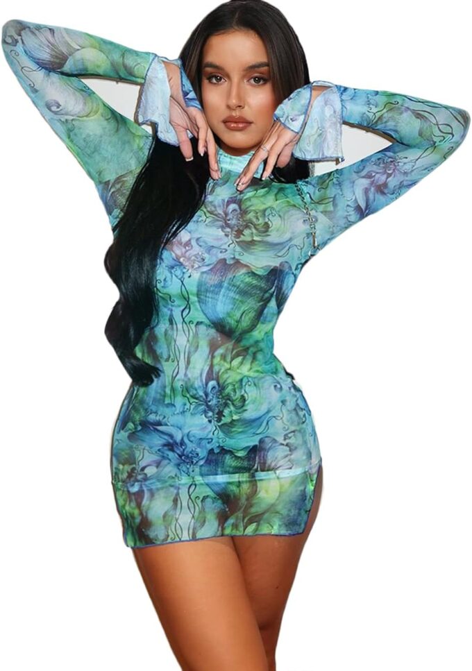 Lancifolium Damen Sexy Mock Neck Mesh durchsichtig Bodycon ärmellos/Langarm Mini Party Kleid
