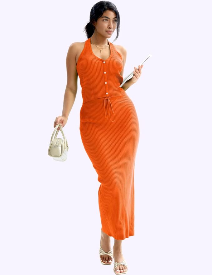 CHERFLY Womens 2 Piece Outfits 2025 Summer Sweater Skirt Sets Halter Top Midi Bodycon Dress – Bild 4