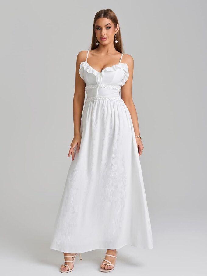 Summer Maxi Dress Spaghetti Strap Ruffle V Neck Casual Flowy Beach Wedding Guest Long Dresses for Women 2025 – Bild 3