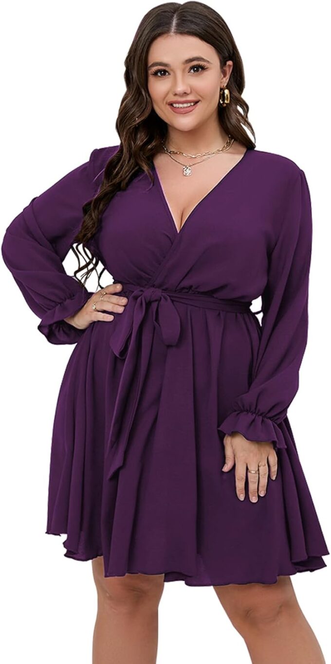 SCOMCHIC Women's Plus Size Long Sleeve Wrap V Neck Tie Waist A Line Mini Dress – Bild 2