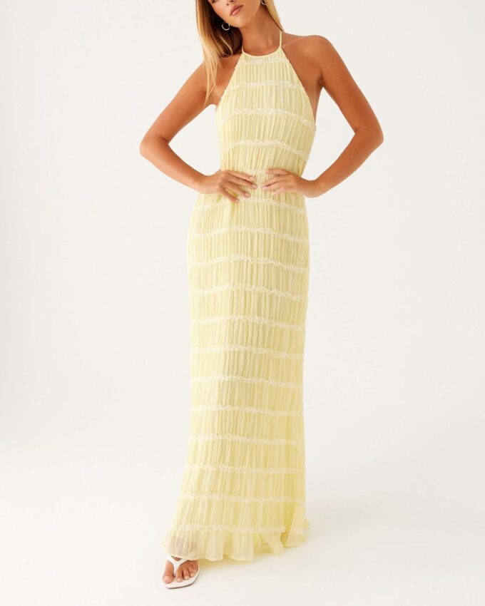 Flowy Boho Beach Dress for Women Halter Backless Smocked Vacation Long Dress Sexy Off Shoulder Resort Maxi Sundress – Bild 2