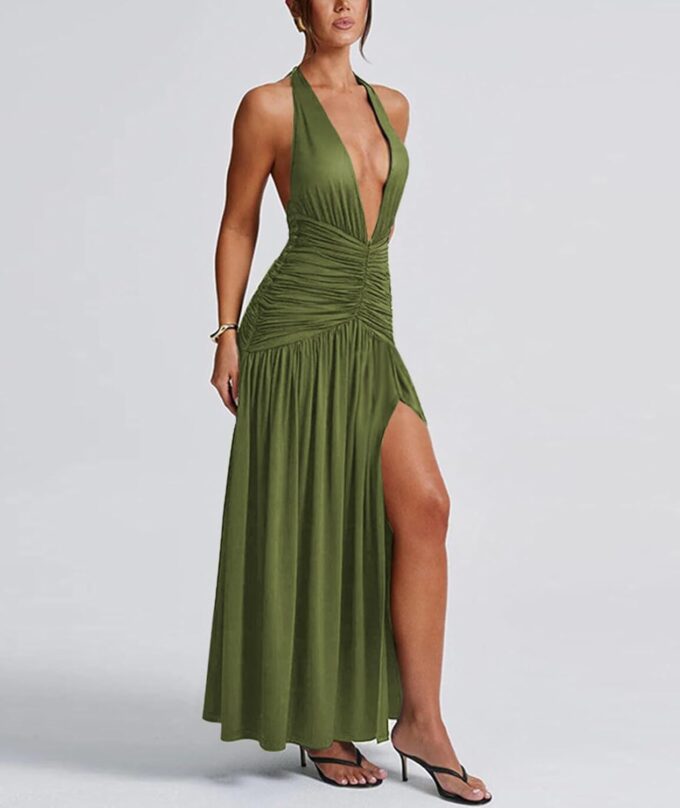 Ekaliy Women's Sexy Halter Deep V Neck Maxi Dress Sleeveless Backless High Slit Ruched Long Dress Summer Party Cocktail Dress – Bild 4