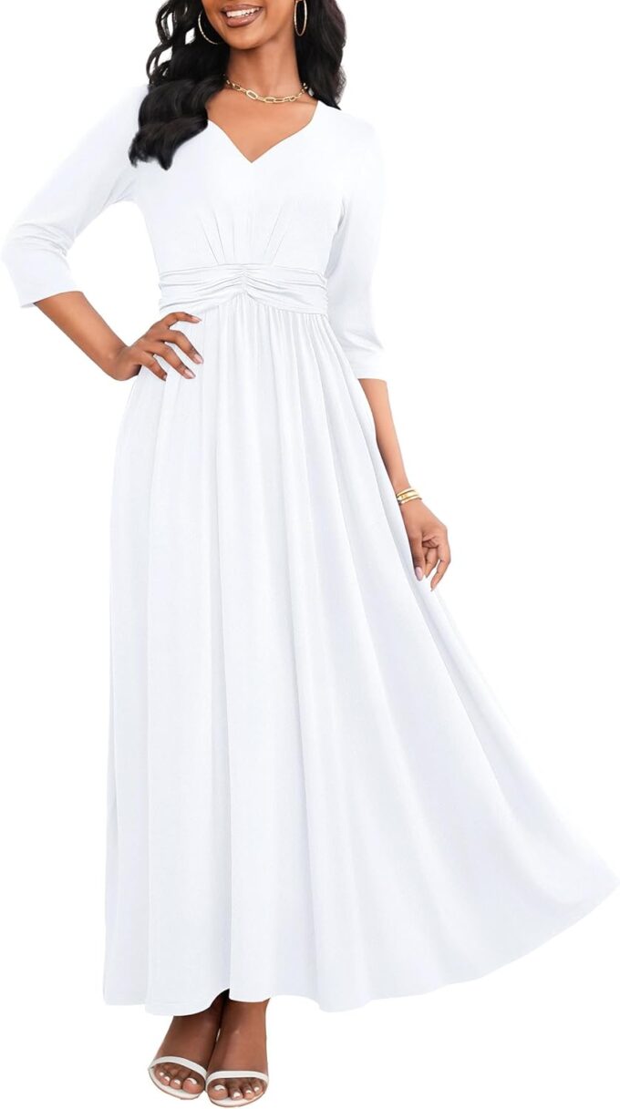 FANDEE Casual Maxi Dress for Women Summer Wtih Pockets 3/4 Sleeve V Neck Elastic High Waist Elegant Pleated A-Line Dresses