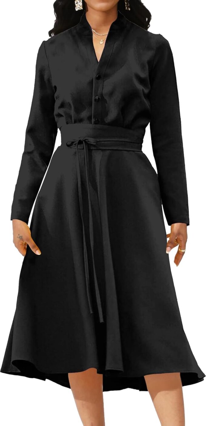 Yiershu Lässiges Damenkleid, langärmelig, modisch, V-Ausschnitt, schmale Passform