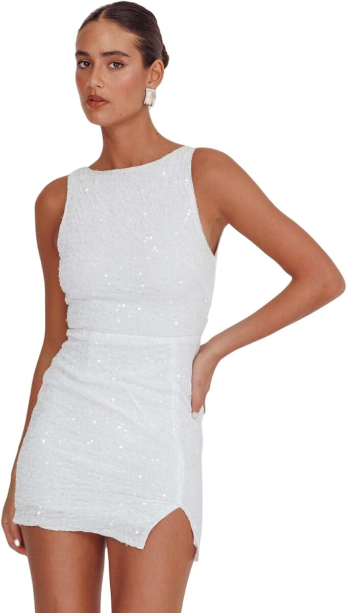 Women's Sexy Backless Sparkly Sequin Mini Dress Split Hem Glitter Velvet Tank Dress Prom Party Cocktail Dress