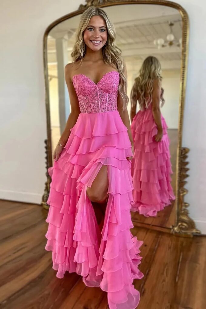 Strapless Ruffles Corset Prom Dresses 2025 for Women Lace Tiered Chiffon Long Formal Evening Gown with Slit WO066 – Bild 3