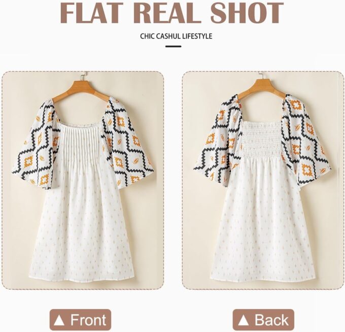 SELINK Womens Summer Short Sleeve Square Neck Western Aztec Mini Dress Flowy Pleated A-Line Casual Dresses – Bild 4