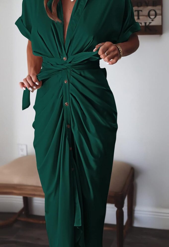 Women Elegant Satin Button Down Short Sleeve Maxi Shirt Dress with Belt – Bild 5
