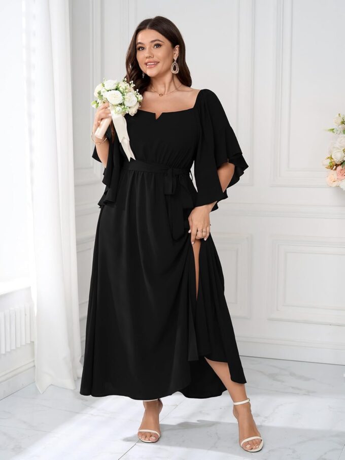 SCOMCHIC Women Plus Size Wedding Guest Maxi Dress Square Neck Ruffle 3/4 Sleeve Belted Slit A Line Formal Long Dresses – Bild 2