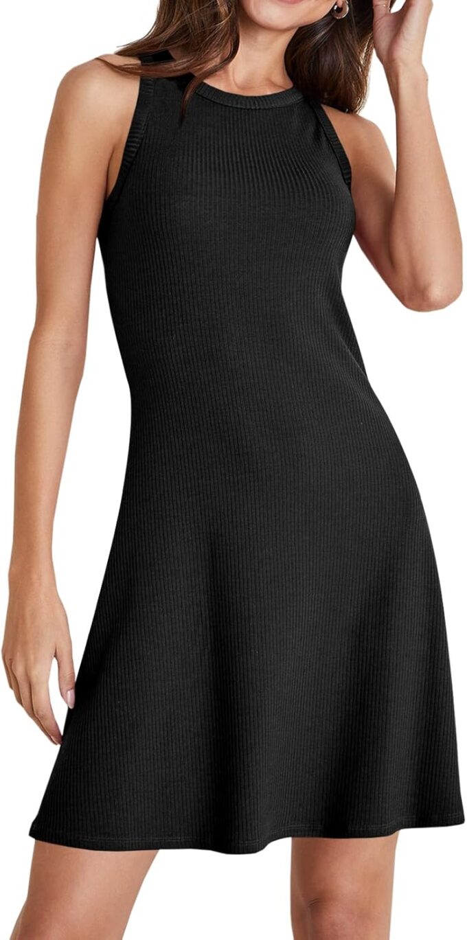 Wenrine Womens Summer Casual Tank Dress Ribbed Knit Sleeveless Crewneck A Line Mini Dresses