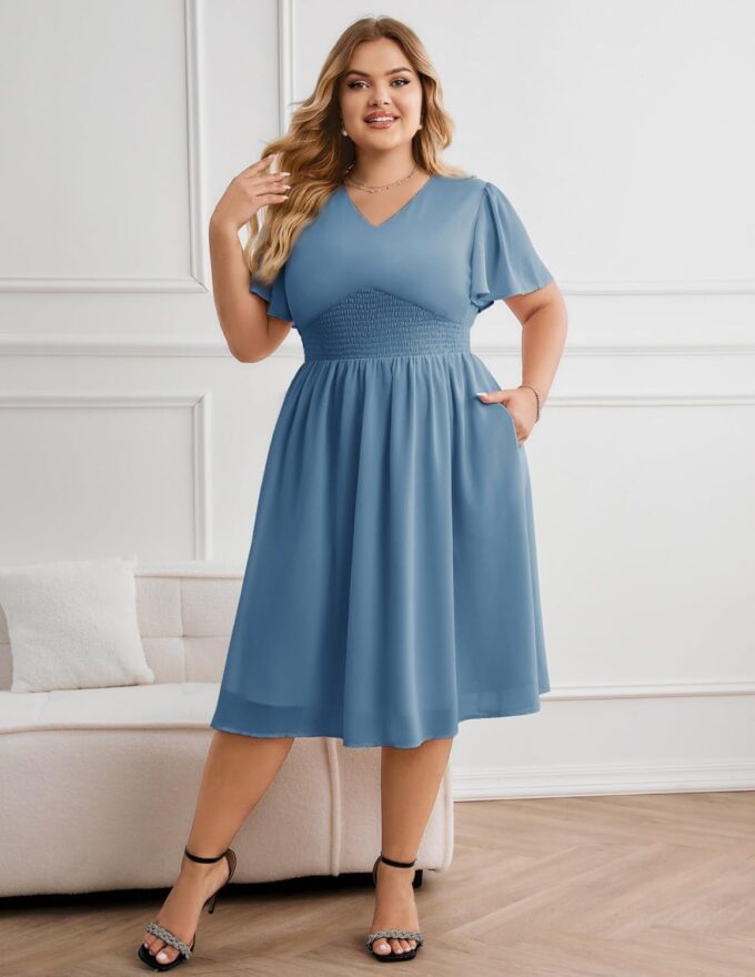 Hanna Nikole Womens Plus Size Chiffon Cocktail Dress Smocked Waist Ruffle Sleeve Party Wedding Guest Dress with Pockets – Bild 5