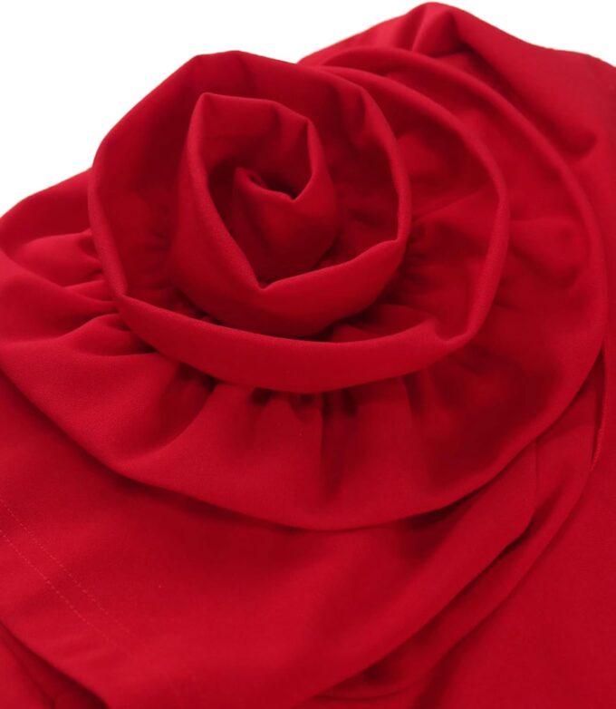 AOMEI Women's Red Crew Neck Petal Short Sleeve High Waist Belted Bodycon Pencil Dress – Bild 4