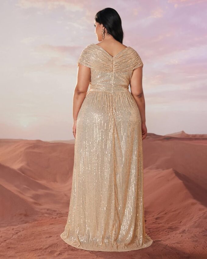 Women's Plus Size V Neck Sequin Formal Maxi Dress A-Line Prom Evening Party Gowns – Bild 5