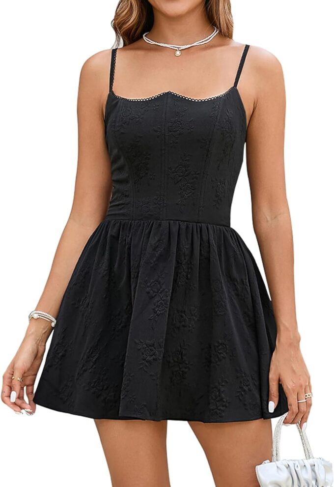 EYNMIN Jacquard Mini Dress Corset Spaghetti Strap Smocked Flowy A Line Short Graduation Dresses for Women Summer 2025