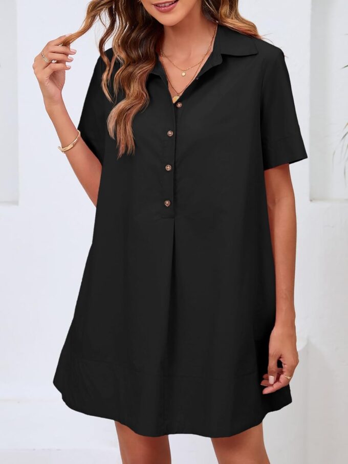 Wenrine Womens Button Down Shirt Dress Oversized Casual Short Sleeve Collared V Neck Summer Mini Dresses – Bild 2