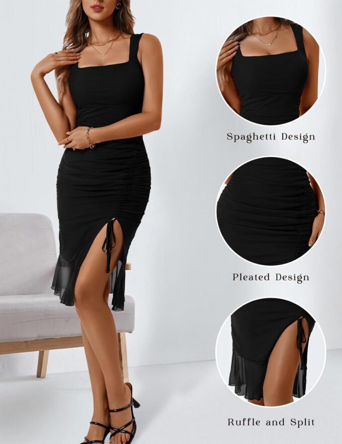 HomRain Women's Sexy Ruched Bodycon Midi Dresses Square Neck Sleeveless Ruffle Hem Cocktail Party Dresses – Bild 4
