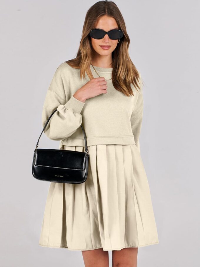 ANRABESS Women Sweatshirts Dress Oversized Long Sleeve Patchwork Casual Loose Pleated Pullover Mini Dress Fall Outfits 2025 – Bild 2