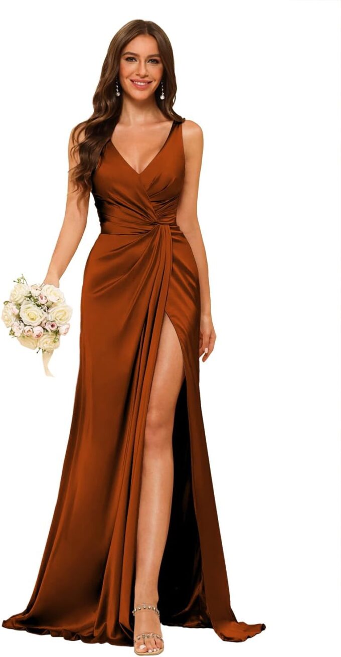 YMSHA Women's V Neck Bridesmaid Dresses with Slit Ruched Waist Satin Pleated Formal Party Dress YMS277