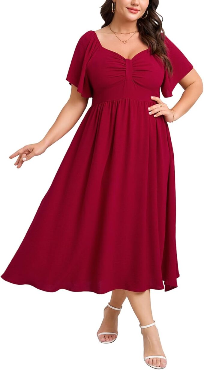 SCOMCHIC Women's Plus Size Maxi Dress Summer Short Sleeve Sweetheart Neckline A Line Wedding Guest Cocktail Dresses