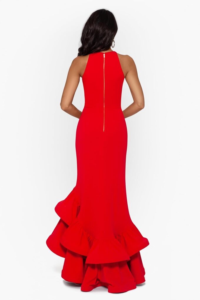 Betsy & Adam Women's Long Halter Crepe Tiered Ruffle Gown – Bild 3