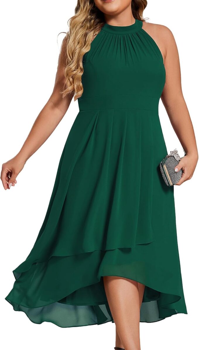 Ever-Pretty Plus Women's Sleeveless Halter A Line Pleated Classy Plus Size High Low Wedding Guest Dresses 31926-DA