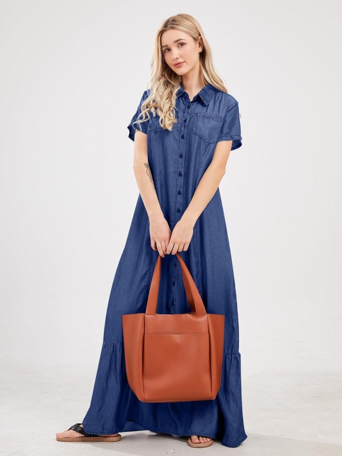 utcoco Womens Short Sleeve Denim Maxi Dress Casual Loose Fit Button Down Long Jean Dresses – Bild 2