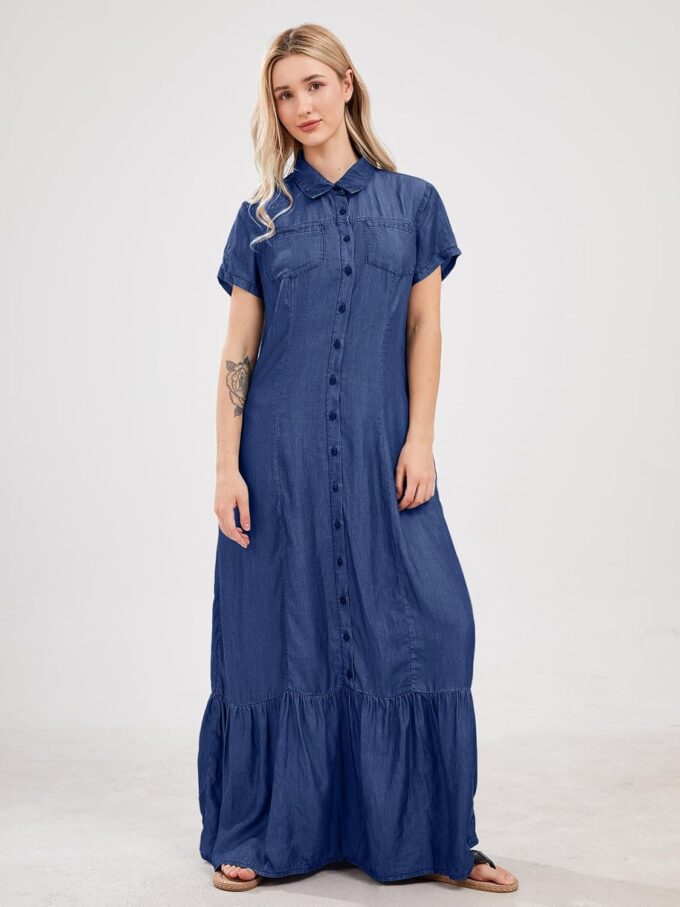 utcoco Womens Short Sleeve Denim Maxi Dress Casual Loose Fit Button Down Long Jean Dresses – Bild 5