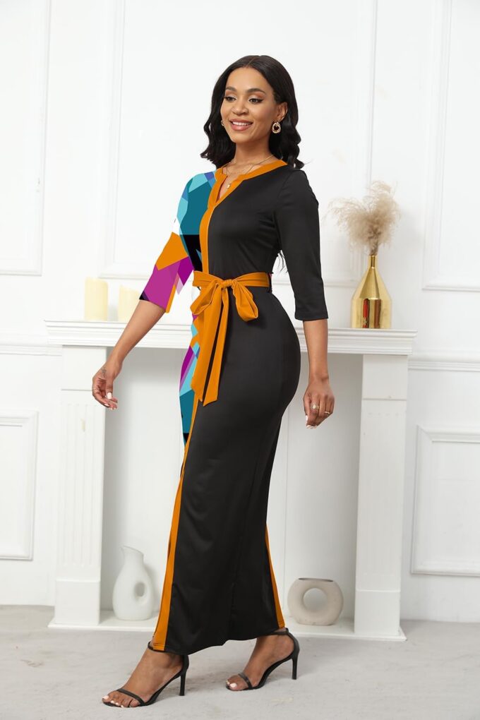 Damen V-Ausschnitt Split Bodycon Floral Maxi Bleistiftkleid Cocktail Party Büro Business 3/4 Ärmel Slim Print Kirchenkleider – Bild 5