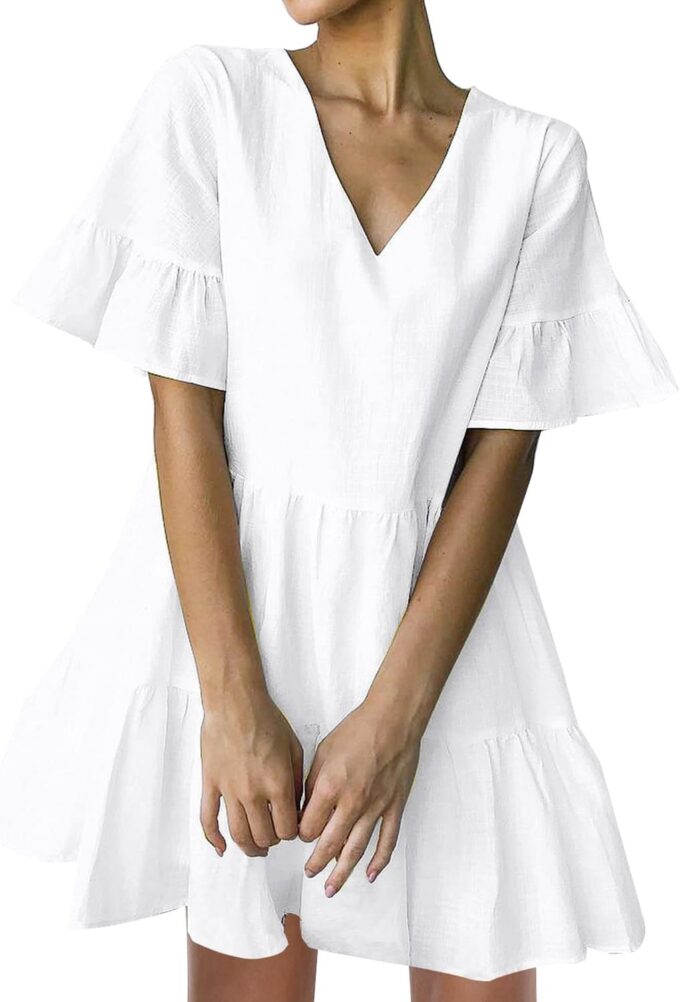 FANCYINN Women’s V Neck Cute Shift Dress with Pockets Bell Sleeve Ruffle Hem Loose Swing Summer Tunic Mini Dress
