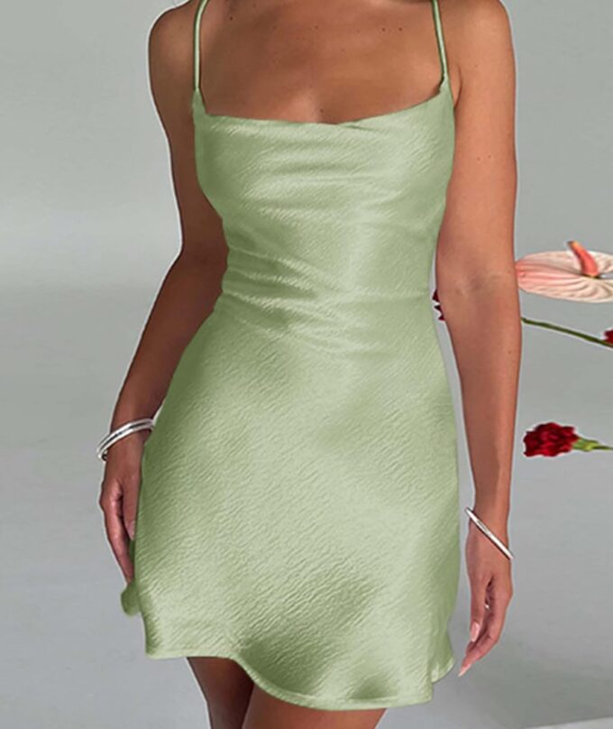 xxxiticat Women's Satin Mini Dress Sleeveless Cowl Neck A-Line Swing Party Lace Up Bandage Open Back Short Slip Dress – Bild 3