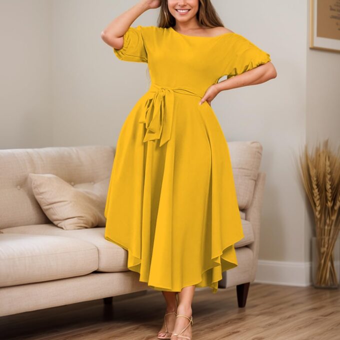 Plus Size Women Wedding Guest Dress Off Shoulder Boat Neck Irregularly Flowy Midi Church Dress – Bild 3