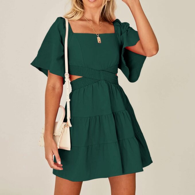 Shy Velvet Women's Summer Dress Square Neck Short Sleeves Crossover Waist Casual Party Mini Dress – Bild 5