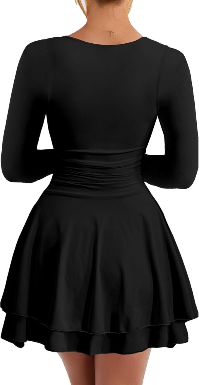 Kaximil Women's Crew Neck Long Sleeve Corset Mini Dress Ruffle Hem Short Party Club Dresses – Bild 2
