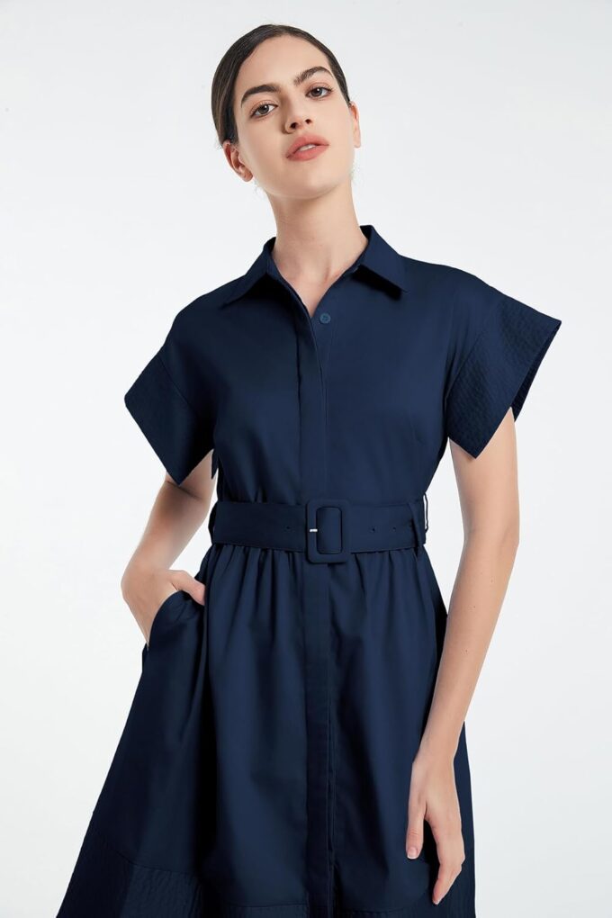 D-Sun Women Casual Button Down Shirt Dress V-Neck Short Sleeves Mini Shirt Dress Belted Short Party with Pockets – Bild 6