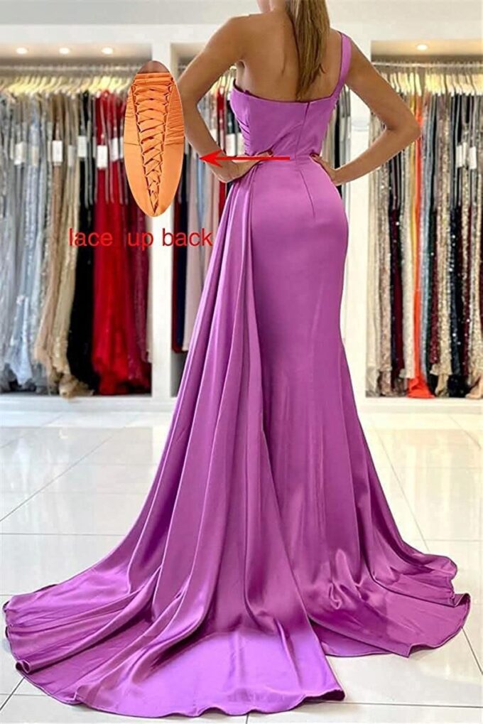 OYI Women's One Shoulder Mermaid Bridesmaid Dresses Long Ruched Bodycon Satin Formal Prom Gowns YZTS068 – Bild 6