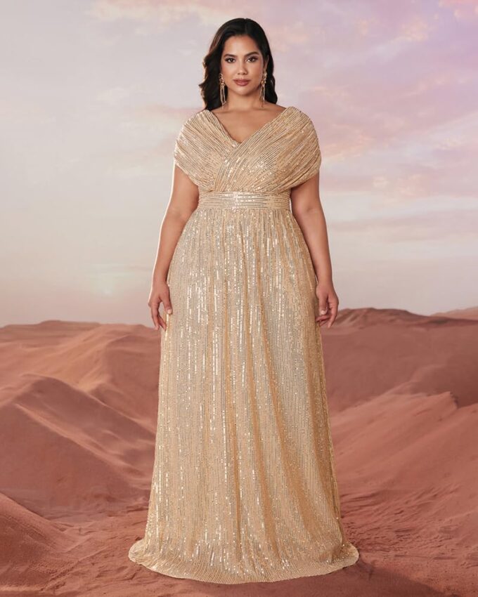 Women's Plus Size V Neck Sequin Formal Maxi Dress A-Line Prom Evening Party Gowns – Bild 2