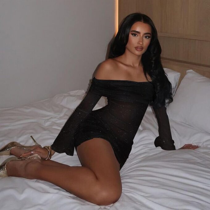 Uni Clau Women Sexy Off Shoulder Sparkly Mini Dresses Long Sleeve Bodycon Ruched Y2K Dress Mesh Birthday Party Club Dress – Bild 5