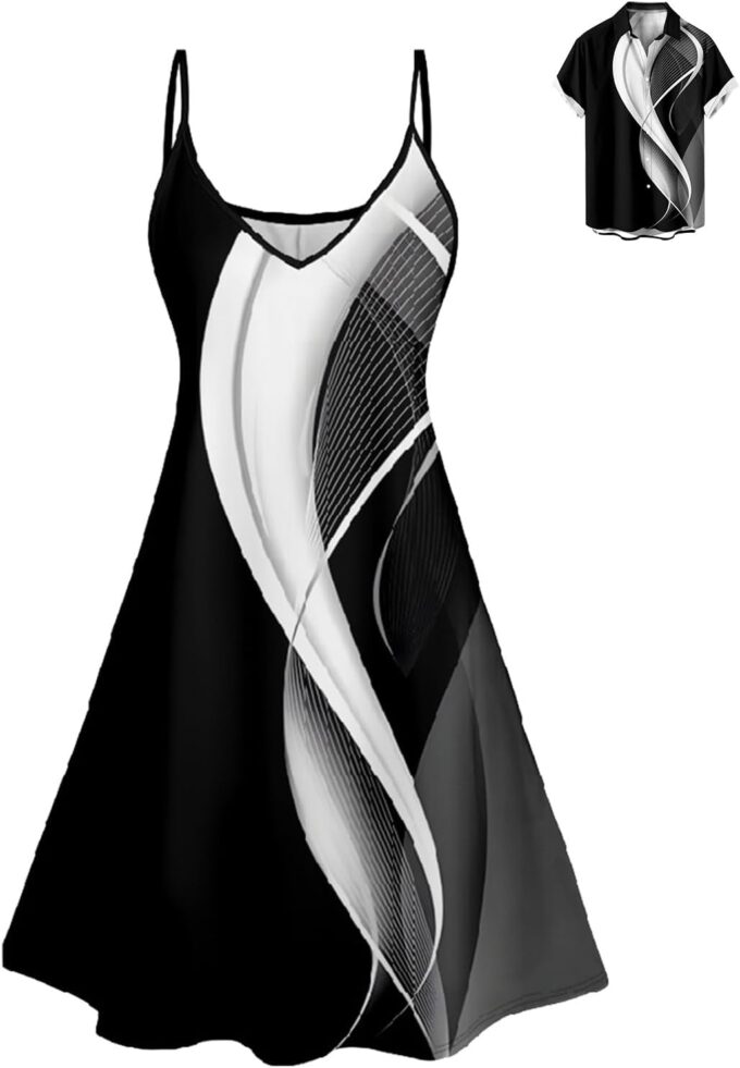 DRESSFO Matchable Couples' Outfit Elegant Curve Print Men's Shirt Or Women's Spaghetti Strap Dress