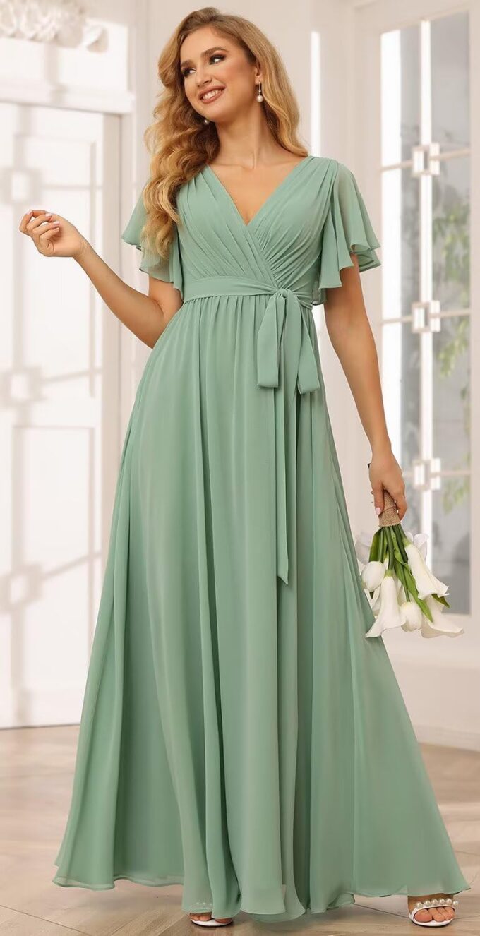 SEIM Women's Flutter Sleeve Bridesmaid Dresses Long V Neck Chiffon Formal Dresses with Pockets SE101 – Bild 5