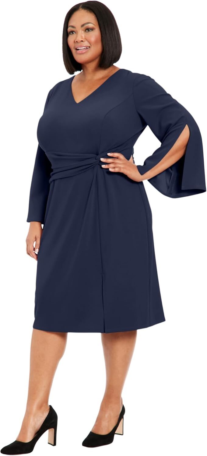 London Times Women's V-Neck Side Twist Flare SLV Sheath with Slit – Bild 2