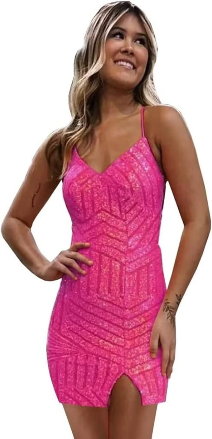 Clothfun Women's Short Sequin Homecoming Dresses for Teens Tight V-Neck Prom Dress 2025 Cocktail Party Gwons