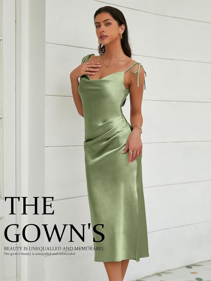 Women's Spaghetti Strap Midi Satin Slik Dress Cowl Neck Elegant Long Slip Ruched Evening Dress Party Cocktail – Bild 9