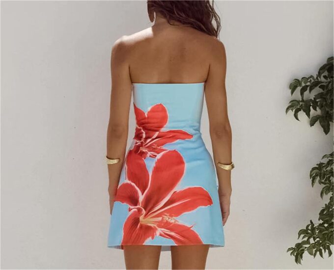 Women Sexy Strapless Floral Pattern Bodycon Tube Mini Dress Summer Skinny Sleeveless Backless Bandeau Tube Dress – Bild 5