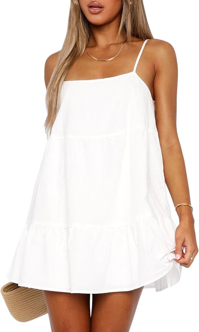 Flowy Short Sundress Mini Babydoll Dresses for Women Going Out Tiered Ruffle Beach Spaghetti Strap Swing Dress Cute