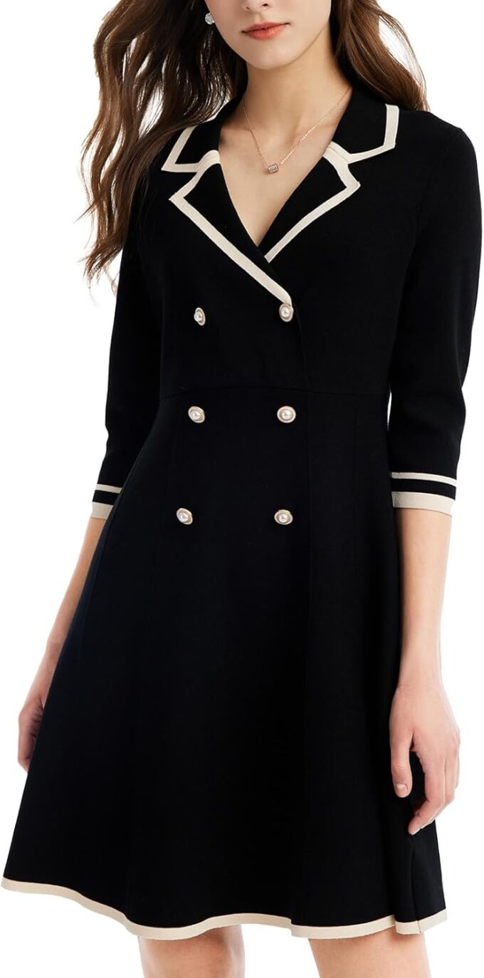 Mini Sweater Dress for Women, Button up 3/4 Sleeve Knit Dresses for Teacher Work Business