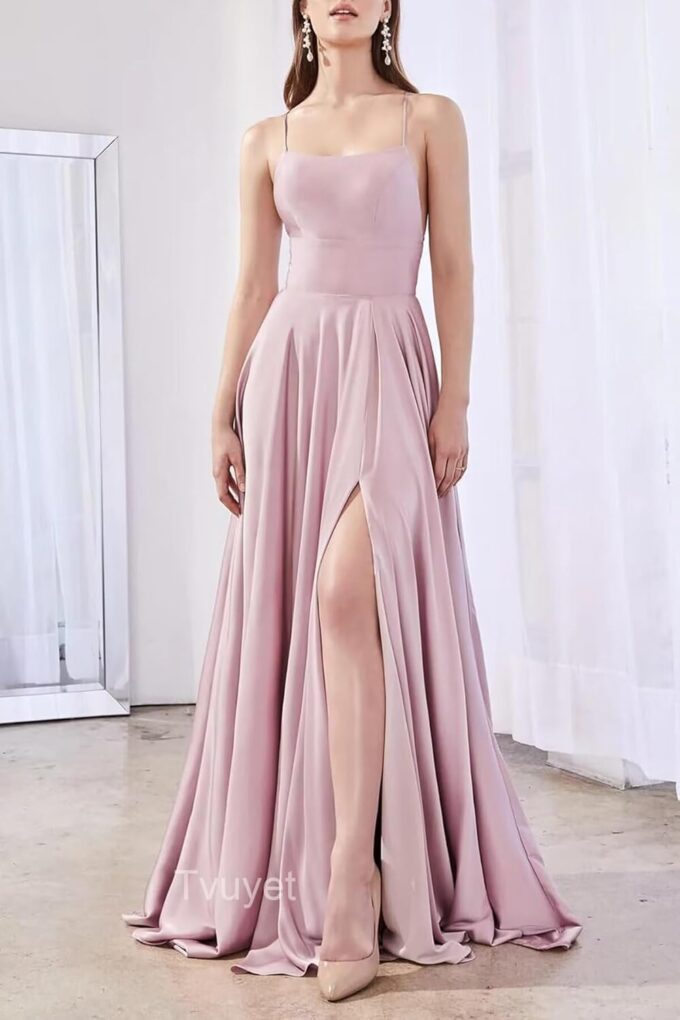 Tvuyet Satin Prom Dresses Long with Pockets Spaghetti Straps A Line Bridesmaid Dresses with Side Slit Ball Gown – Bild 5