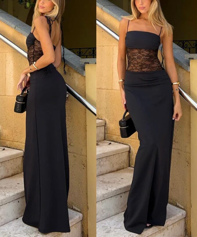 Women Sexy Lace Patchwork Maxi Dress Spaghetti Straps Y2K Sheer Long Bodycon Club Cocktail Dresses – Bild 5